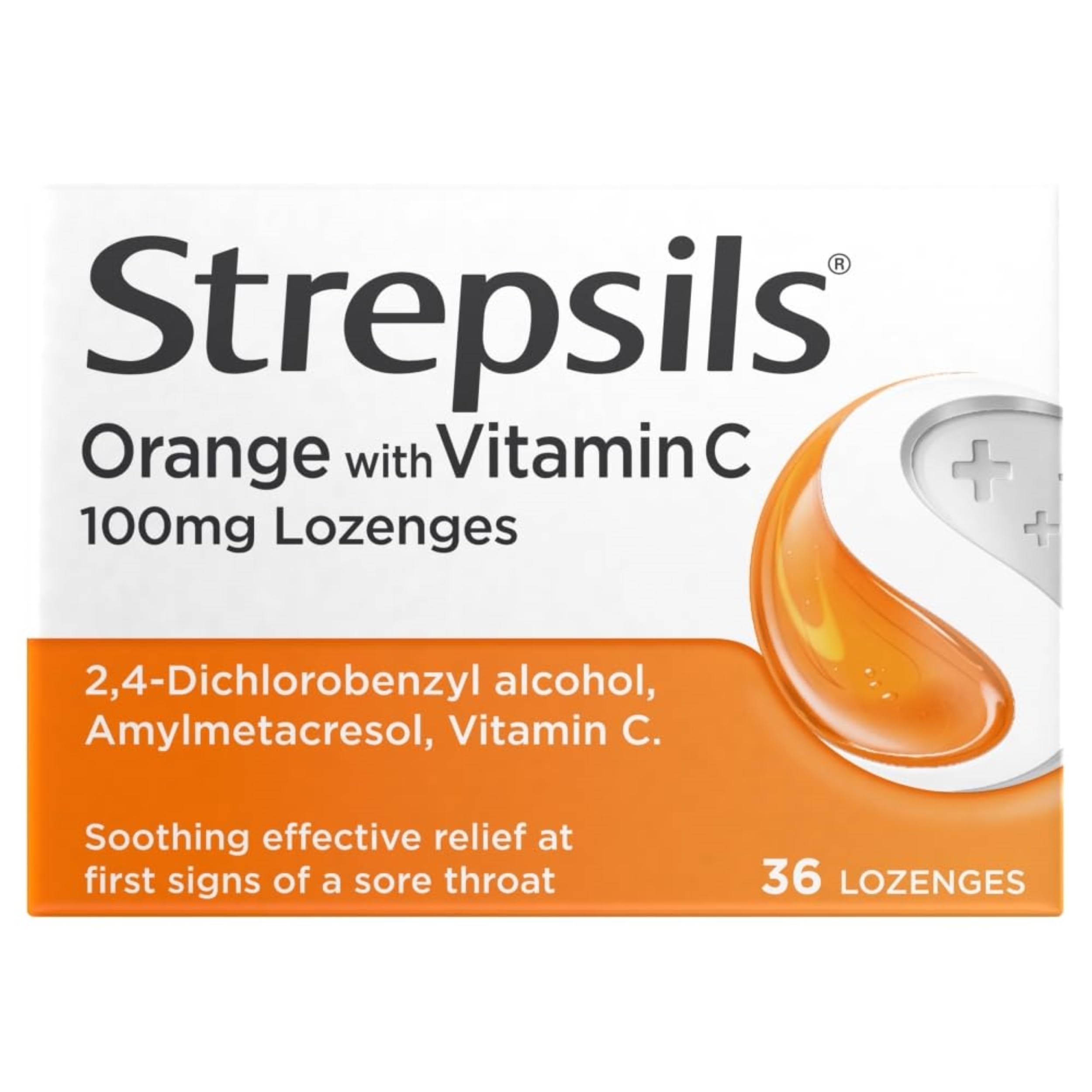 Strepsils Orange With Vitamin C (100mg) Sore Throat Lozenges 36s