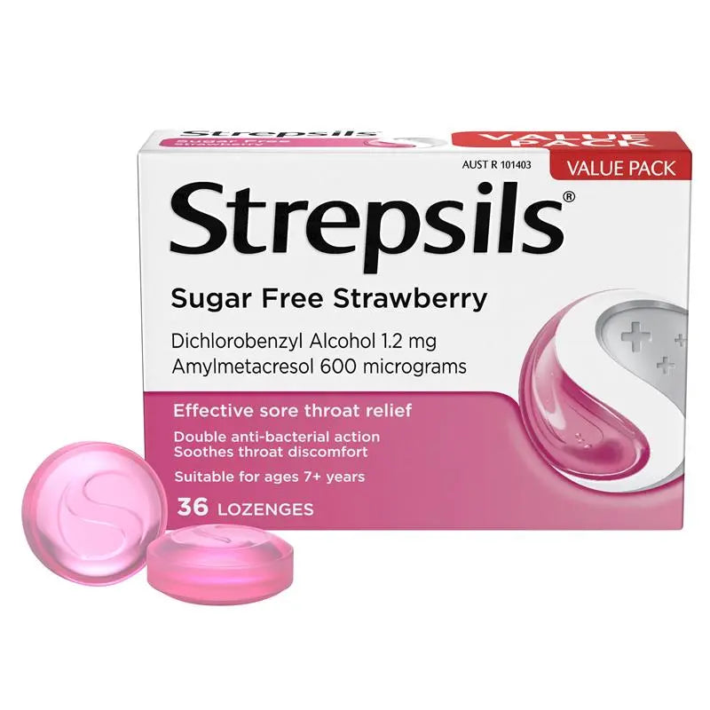 Strepsils Strawberry Sugar Free Sore Throat Lozenges 36s