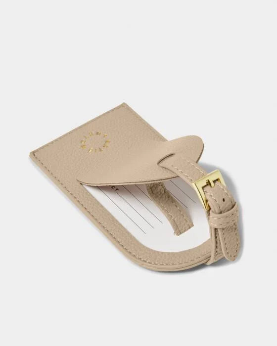 Katie Loxton Sentiment Luggage Tag 'Adventure Memories Happiness' in Light Taupe  'Adventure, Memories, Happiness'