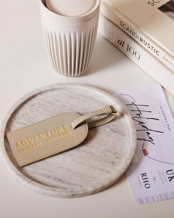 Katie Loxton Sentiment Luggage Tag 'Adventure Memories Happiness' in Light Taupe  'Adventure, Memories, Happiness'